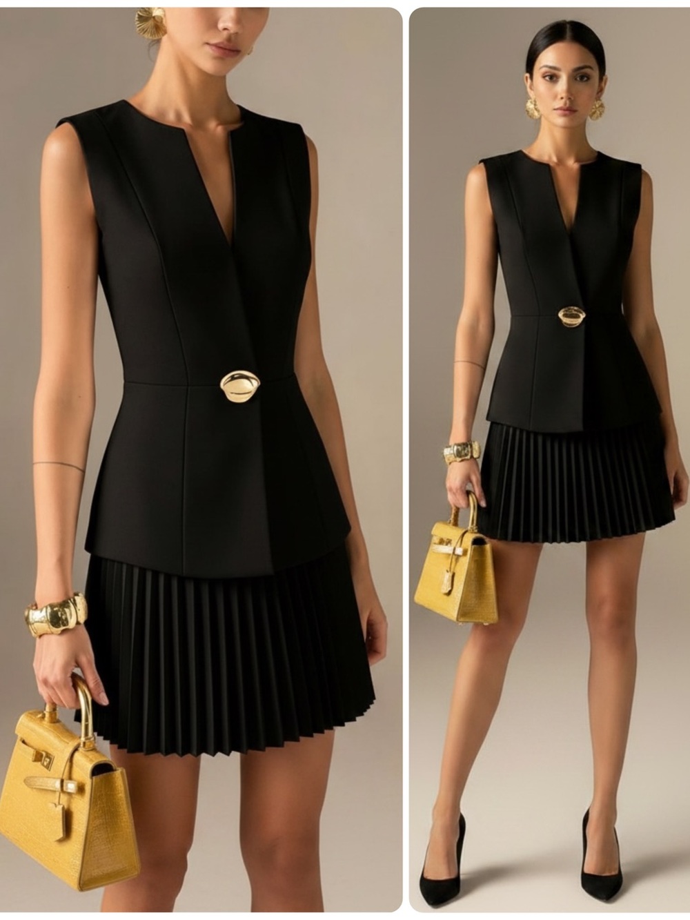 Commense Black Sleeveless Peplum V-Neck Gold Metal Brooch Pleated Mini Dress NWT